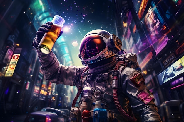 Astronaute faisant la fête en pleine tenue à une rave boisson à la main Concept Costume d'astronaute Props de fête Décor sur le thème de l'espace Accessoires de rave Vêtements de célébration