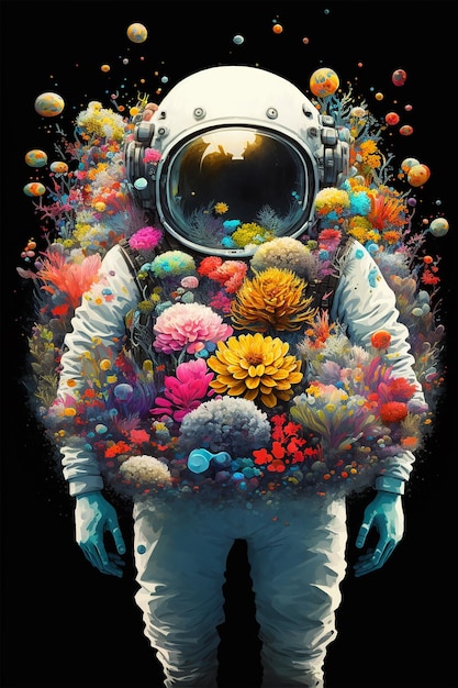 Astronaute avec des fleurs de printemps, ai générative