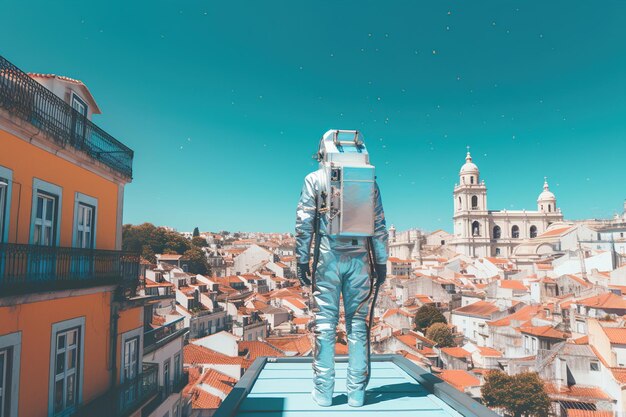 Un astronaute flottant au-dessus d'une ville.