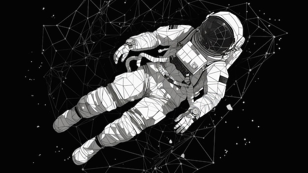 Astronaute flottant dans l'espace Noir et blanc dans un style polygonal généré par l'IA