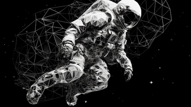 Astronaute flottant dans l'espace Noir et blanc dans un style polygonal généré par l'IA