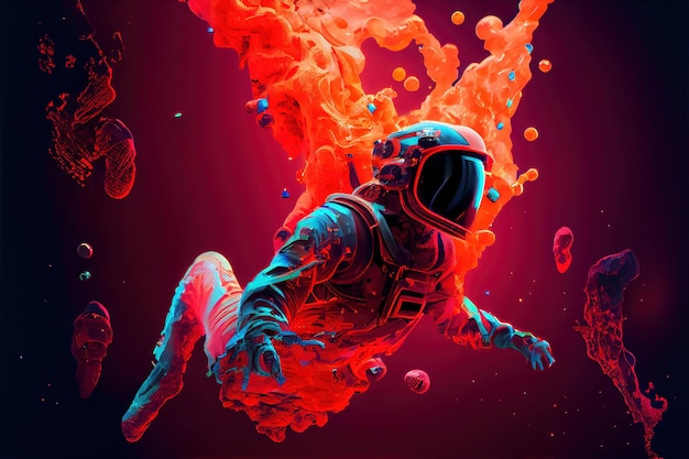 Astronaute flottant dans l'espace profond avec un fluide d'encre rouge