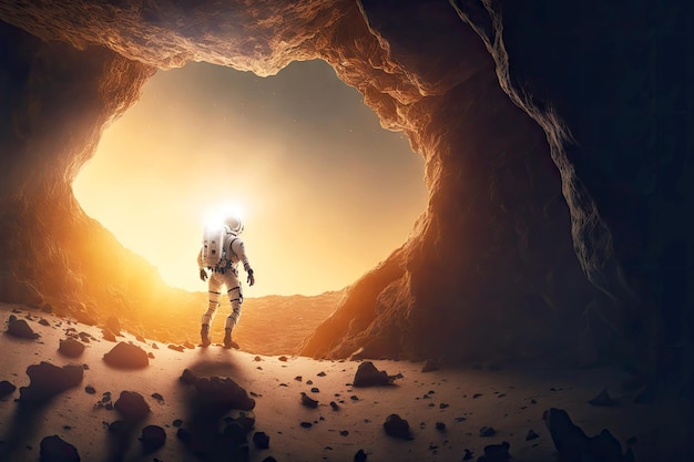 Astronaute flottant dans la grotte sur fond de lumière du soleil