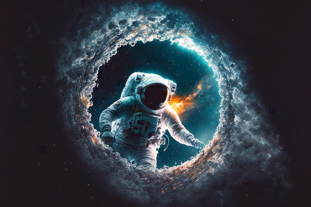 Astronaute flottant grimpant dans une grotte sur une grande planète inexplorée avec une atmosphère