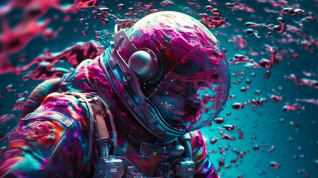 Astronaute d'illustration spatiale colorée déferlant dans un fluide cosmique