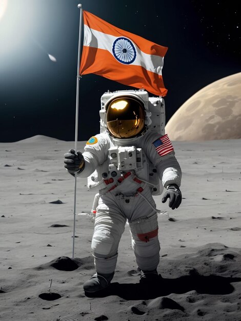 Un astronaute indien sur la lune avec le drapeau de l'Inde à la main