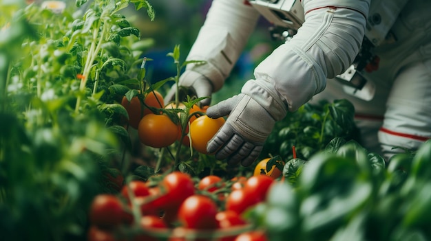 Un astronaute en jardinage dans le vaisseau spatial Concept de nouveaux mondes écologiques et de nouvelles explorations de la vie et de la science