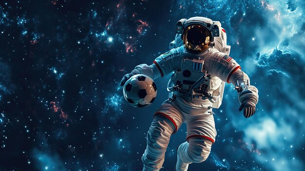 Un astronaute jouant au football dans l'espace ouvert