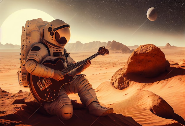 Un astronaute jouant de la guitare sur une planète extraterrestre.