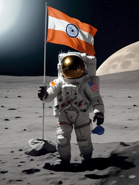 Un astronaute lunaire marche sur la lune avec un drapeau indien, le colle dans la surface lunaire et le salue.