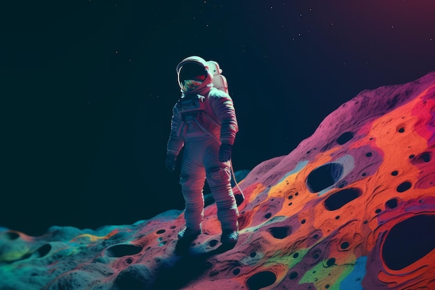 Un astronaute sur la lune aux couleurs fluo