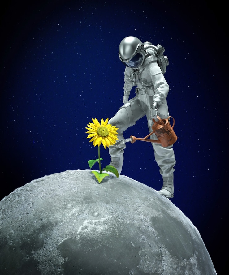 Photo l'astronaute sur la lune essaie d'arroser la fleur. illustration 3d