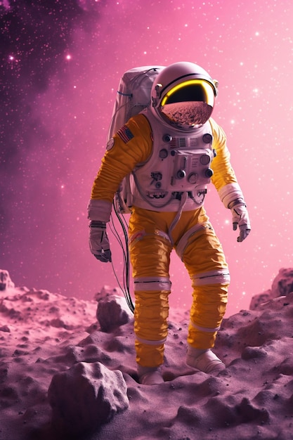 Un astronaute sur la lune avec un fond rose.