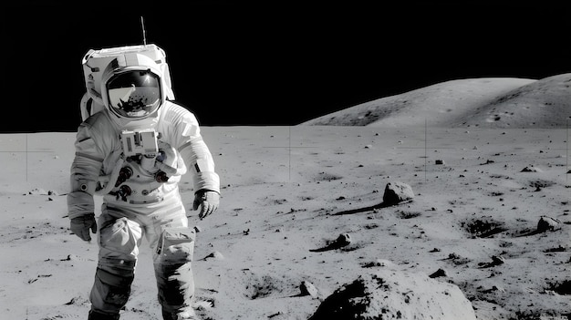 Photo un astronaute sur la lune en noir et blanc