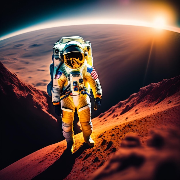 Un astronaute sur une lune avec le soleil qui brille dessus.