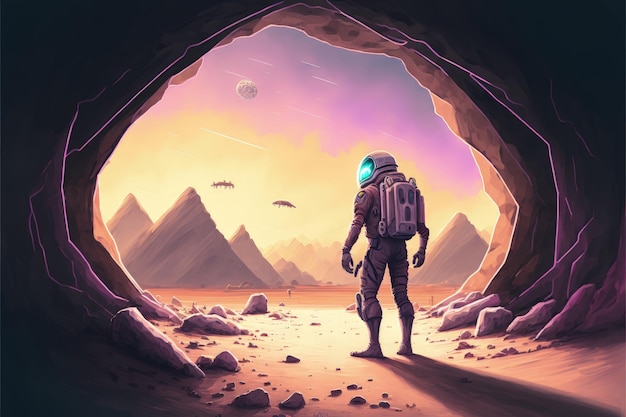 Astronaute marchant sur un chemin lumineux sur une planète stérile dans une scène de science-fiction Concept fantastique Peinture d'illustration AI générative