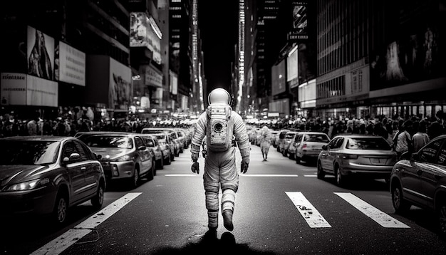 Astronaute marchant dans la rue