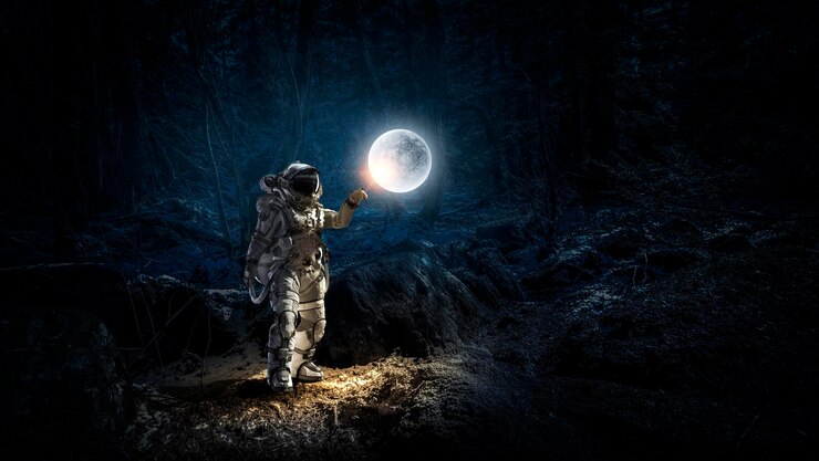 Photo astronaute marchant sur une planète inexplorée. technique mixte