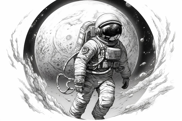 Un astronaute marche sur une lune avec la lune en arrière-plan.