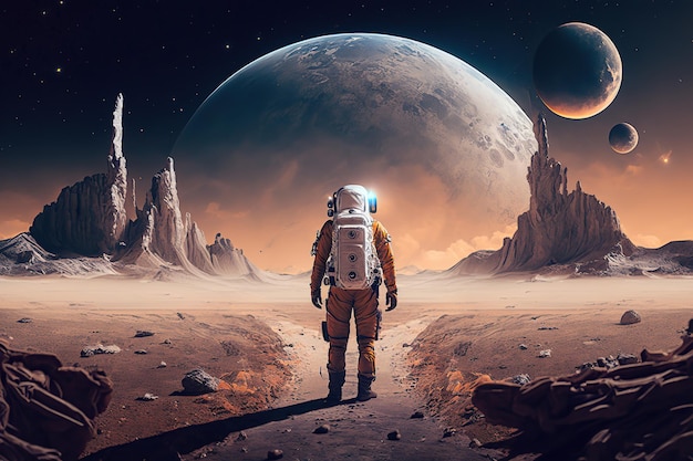 Un astronaute marche sur une planète déserte avec une autre planète à l'horizon.