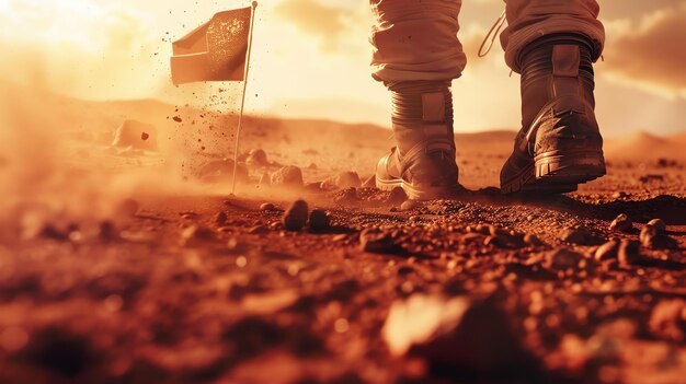 Un astronaute marche sur la surface de Mars l'astronaute porte une combinaison spatiale et porte un drapeau le drapeau est agité dans le vent