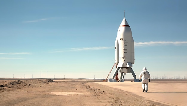 Un astronaute marche vers la fusée sur le site de lancement