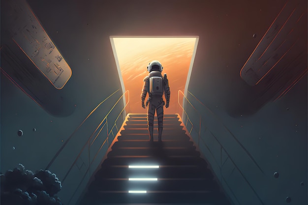 L'astronaute marche vers la lumière sur un escalier futuriste