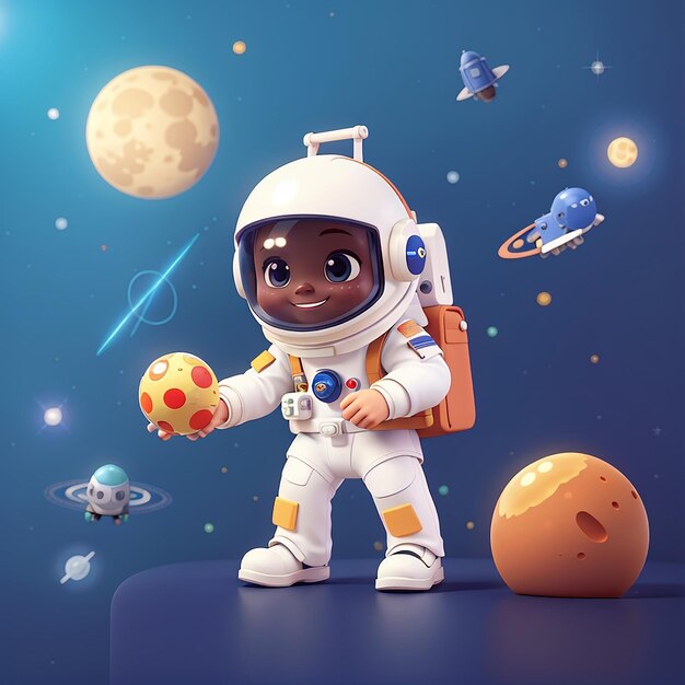 L'astronaute mignon apporte la lune avec le chariot Icon de dessin animé vectoriel Illustration Science Technologie Icon Concept Isolé Premium Vector Flat Style de dessins animés