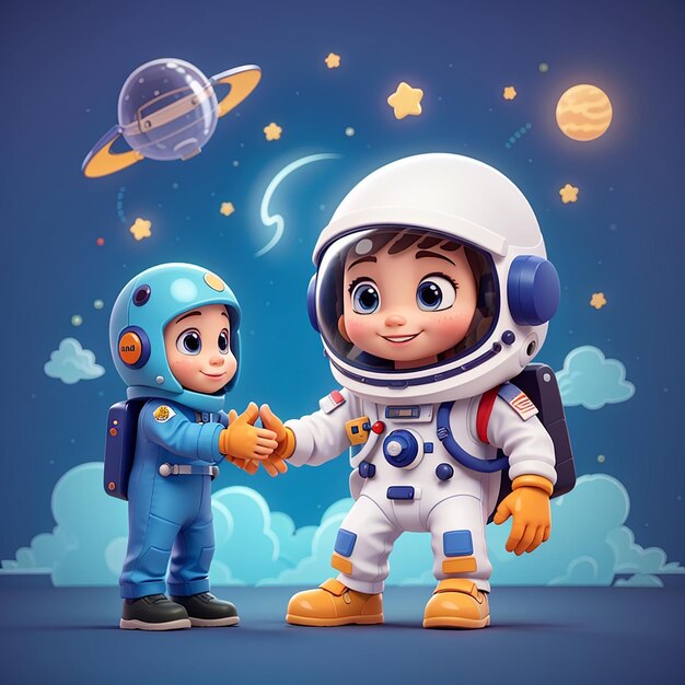 L'astronaute mignon et l'extraterrestre cinq dessins animés icône vectorielle illustration science technologie isolé plat