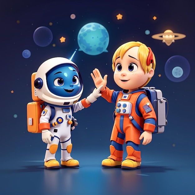 L'astronaute mignon et l'extraterrestre cinq dessins animés icône vectorielle illustration science technologie isolé plat