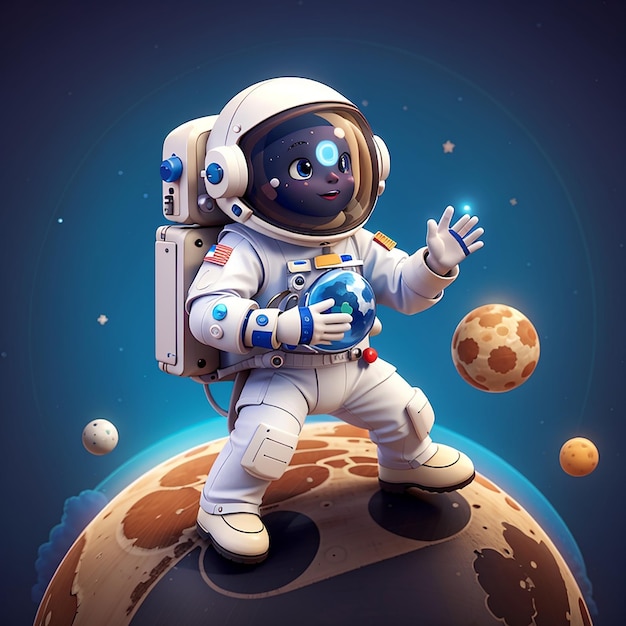 Astronaute mignon jouant à la balle de la terre et de la lune icône de dessin animé vectoriel illustration science sport isolé