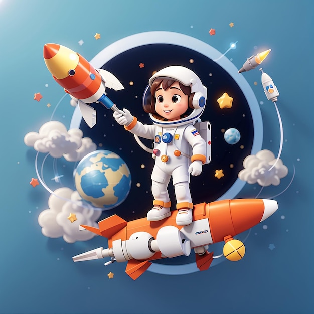 Astronaute mignon volant avec une fusée dans l'espace icône vectorielle de dessin animé illustration icône de technologie scientifique