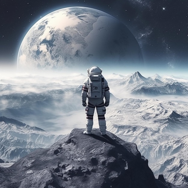 un astronaute sur une montagne avec une planète en arrière-plan.