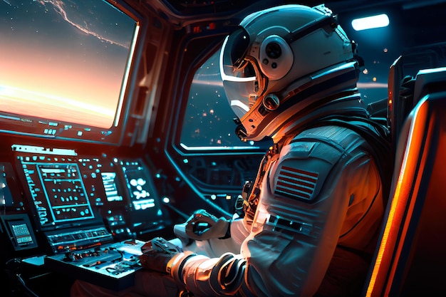 Un astronaute pilotant un vaisseau spatial Un astronaute high-tech du futur