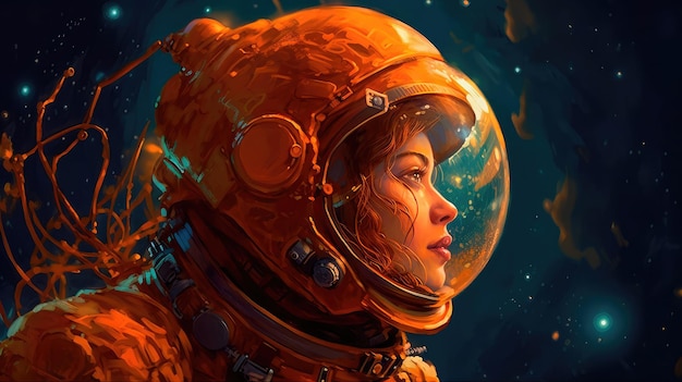 Une astronaute sur une planète extraterrestre entourée de fleurs en tons orange foncé dans le style de l'art conceptuel spatial IA générative