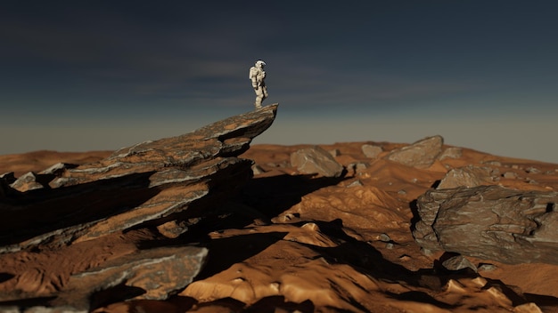 Astronaute sur une planète extraterrestre planète rouge Mars Exploration spatiale Colonie martienne science système solaire paysage de surface rocheuse rendu en 3D