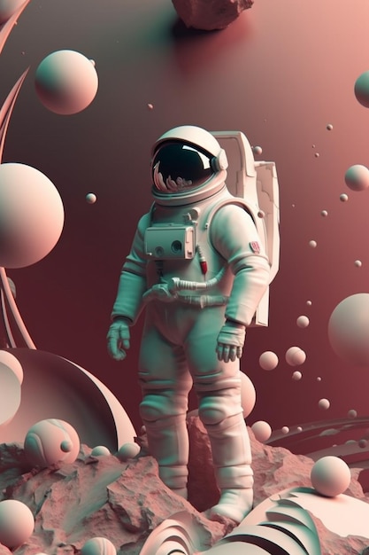 Un astronaute sur une planète à fond rouge.