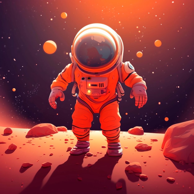 Photo un astronaute sur une planète à fond rouge.