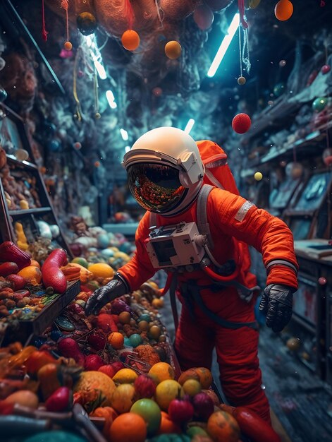 Astronaute plongé dans le désarroi dynamique d'un marché traditionnel AI générative