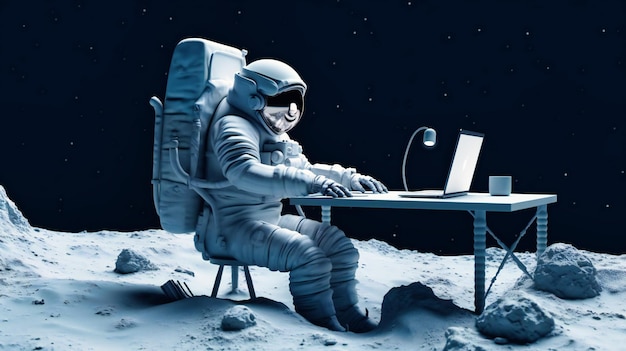 Un astronaute portant une combinaison spatiale utilise son ordinateur avec un ordinateur portable