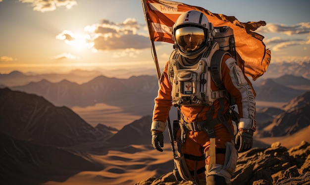 Un astronaute pose un drapeau sur le sommet d'une montagne