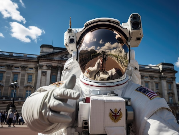 Un astronaute prenant un selfie devant le palais de Buckingham
