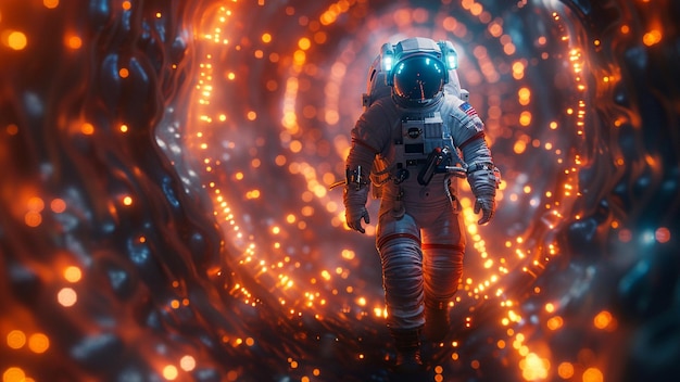 Un astronaute qui court dans un tunnel futuriste Rendering 3D