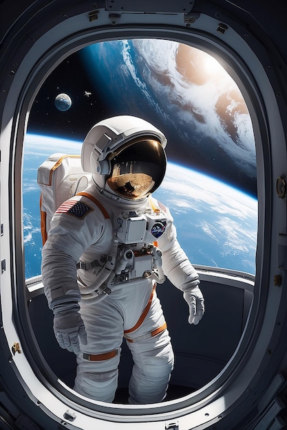 Photo un astronaute regardant par la fenêtre d'un vaisseau spatial