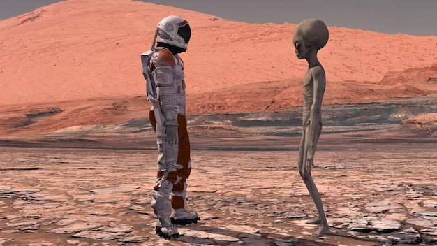 L'astronaute rencontre un Martien sur Mars Premier contact Alien sur Mars Mission d'exploration sur Mars