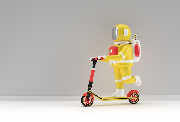 Astronaute de rendu 3D chevauchant une illustration de conception d'art 3D de scooter de poussée.