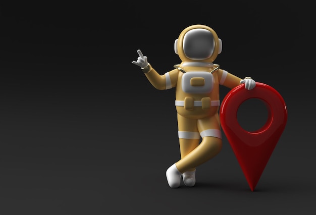 Astronaute de rendu 3D avec la conception d'illustration 3d de pointeur de carte.