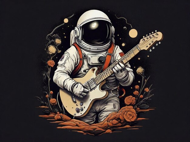 L'astronaute reste avec le design du t-shirt de guitare