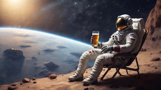 Un astronaute se détendant sur une planète extraterrestre avec de la bière.