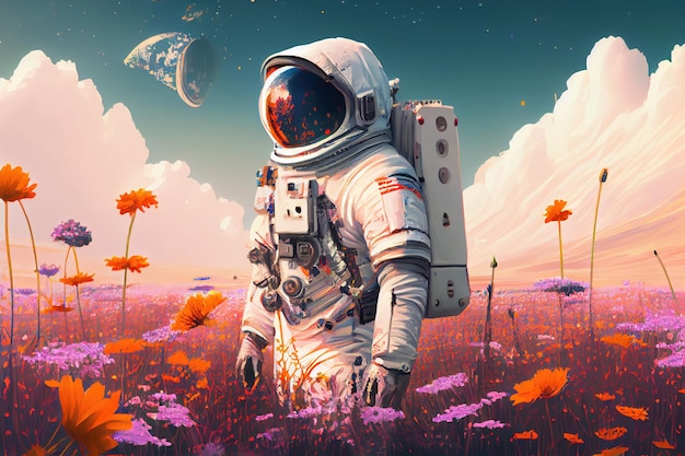 L'astronaute se tient au milieu d'un champ fleuri sur une planète inconnue Generative AI